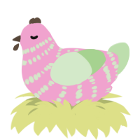 Omega, a pink and gluppy chicken with a bar pattern