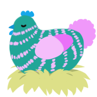 Biyu, a turquoise and lavender chicken with a bar pattern