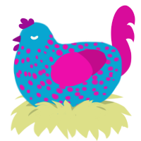 A cerulean and fuchsia chicken with a speckle pattern
