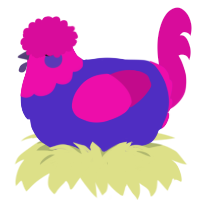 A indigo and fuchsia chicken with a head pattern