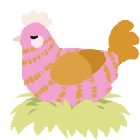 Linda, a pink and orange chicken with a bar pattern