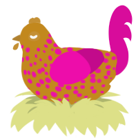A ochre and fuchsia chicken with a speckle pattern