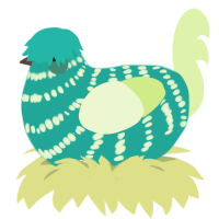 A turquoise and apple chicken with a bar pattern