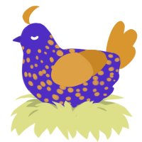 A indigo and orange chicken with a speckle pattern