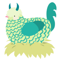 Haru, a apple and turquoise chicken with a lace pattern