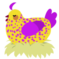 Idiocracy, a yellow and amethyst chicken with a speckle pattern