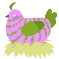 A lavender and chartreuse chicken with a bar pattern