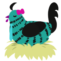Mikudayo, a turquoise and black chicken with a bar pattern
