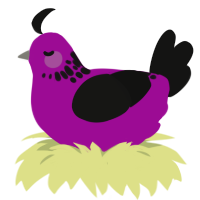 spots 1, a plum and black chicken with a neck-speckle pattern