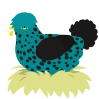 Door Stopper, a teal and sable chicken with a speckle pattern