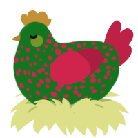 A leaf and crimson chicken with a speckle pattern
