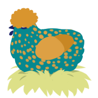 A teal and orange chicken with a speckle pattern