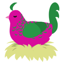 A fuchsia and viridian chicken with a half-lace pattern