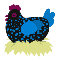 A black and sapphire chicken with a speckle pattern