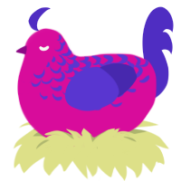 A fuchsia and indigo chicken with a half-lace pattern