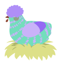 A mint and lilac chicken with a bar pattern
