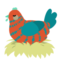 Olsen, a vermilion and teal chicken with a bar pattern