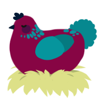 A maroon and teal chicken with a neck-speckle pattern