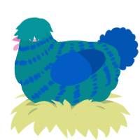 A teal and ultramarine chicken with a bar pattern
