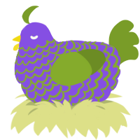 chickie, a blurple and chartreuse chicken with a lace pattern