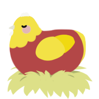 A red and yellow chicken with a head pattern