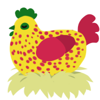 A yellow and crimson chicken with a speckle pattern