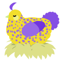 A yellow and blurple chicken with a speckle pattern