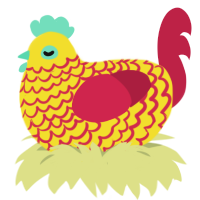 A yellow and crimson chicken with a lace pattern