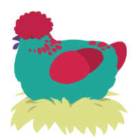 A turquoise and crimson chicken with a neck-speckle pattern