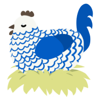 A white and ultramarine chicken with a lace pattern
