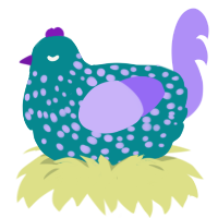 A teal and lilac chicken with a speckle pattern