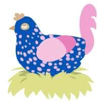 A ultramarine and pink chicken with a speckle pattern