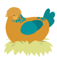 A orange and teal chicken with a neck-speckle pattern