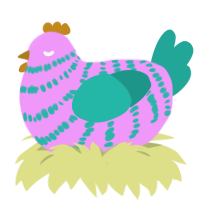 A lavender and turquoise chicken with a bar pattern
