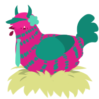 A fuchsia and teal chicken with a bar pattern