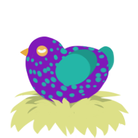 Fuzzy Leprechaun, a violet and turquoise chicken with a speckle pattern
