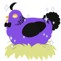 Enby Flag Razei, a blurple and black chicken with a neck-band pattern