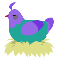 A turquoise and blurple chicken with a head pattern