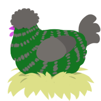 silkie, a leaf and grey chicken with a bar pattern