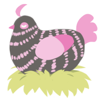 A grey and pink chicken with a bar pattern