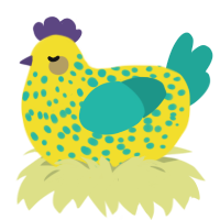 A yellow and turquoise chicken with a speckle pattern