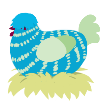 Robo, a cerulean and gluppy chicken with a bar pattern
