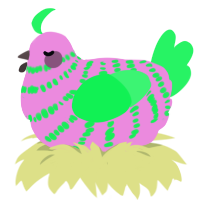 A leaf and fuchsia chicken with a bar pattern