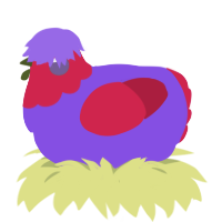 A blurple and crimson chicken with a head pattern