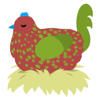 A red and chartreuse chicken with a speckle pattern