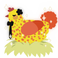 A yellow and vermilion chicken with a speckle pattern