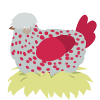 A silver and crimson chicken with a speckle pattern