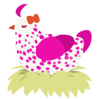A white and fuchsia chicken with a speckle pattern
