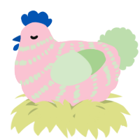 A rose and gluppy chicken with a bar pattern