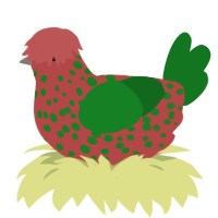 A red and leaf chicken with a speckle pattern